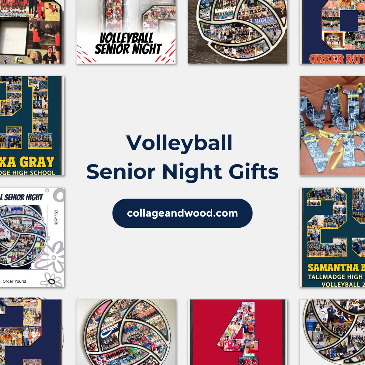 Collageandwood.com Volleyball Senior Night Gifts featuring custom photo collages shaped like volleyballs, jersey numbers, and names, personalized with team photos and player memories.