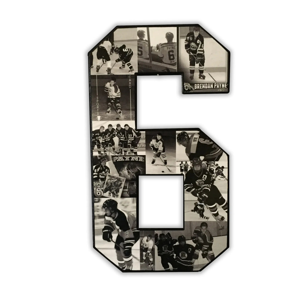 Personalized hockey jersey number photo gift featuring black and white photos arranged inside the number "6", ideal for a senior night or player tribute. Found on collageandwood.com.