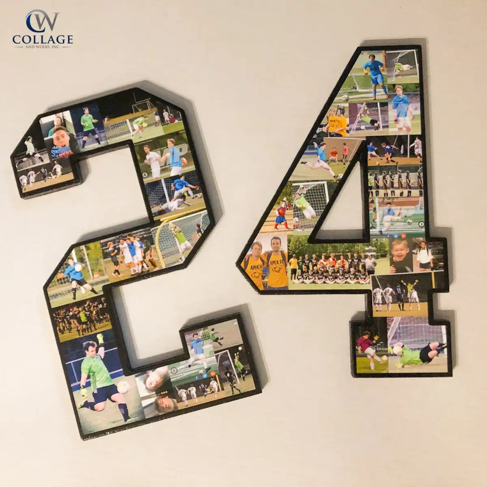 Soccer collage of a number '24' made from customer photos photo frames on a wall. Designed by CollageandWood.com.