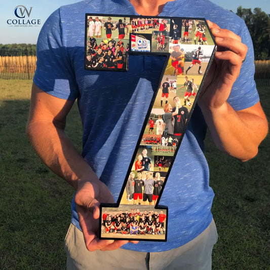 Jon Waddell holding a collage of sports team photos shaped like the number 7 on a grassy field. Designed by CollageandWood.com.