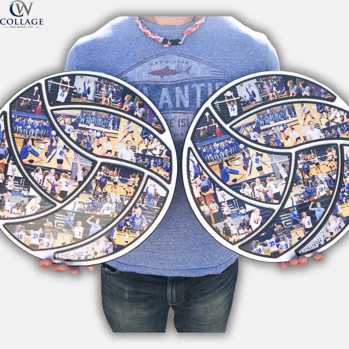 Person holding two large circular photo collages in the shape of volleyballs from CollageandWood.com