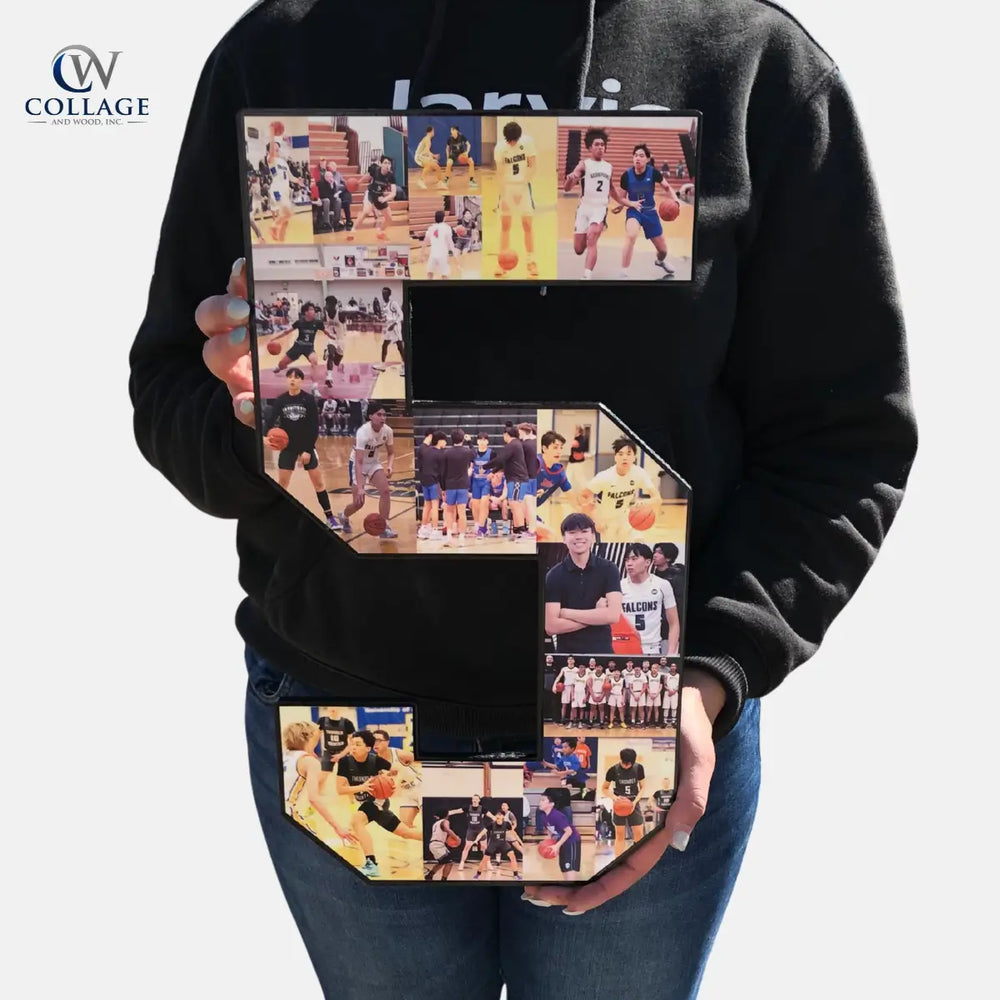 Crystal Waddell of CollageandWood.com holds a large number '5' design featuring basketball photos.