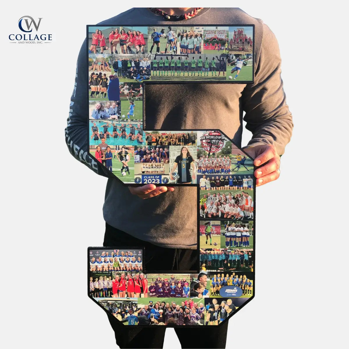 Person holding a large number '5' collage made of soccer photos. Designed by CollageandWood.com.