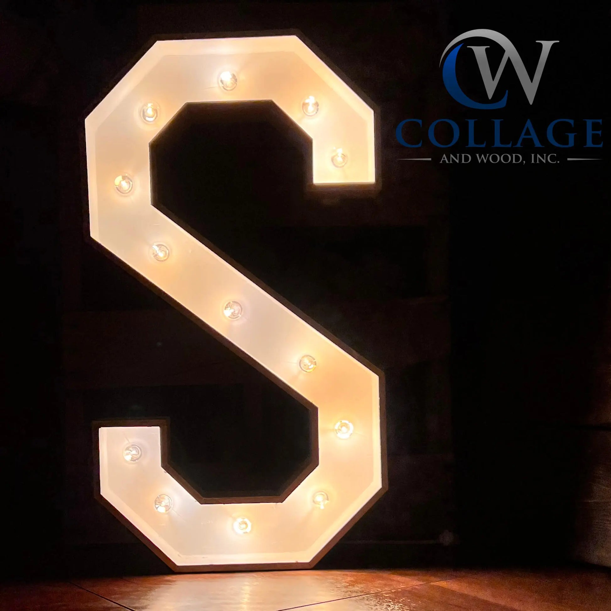 Stunning 3-foot tall wooden marquee letter S, elegantly dressed in white, sparking to life with vibrant battery-powered LED lights.