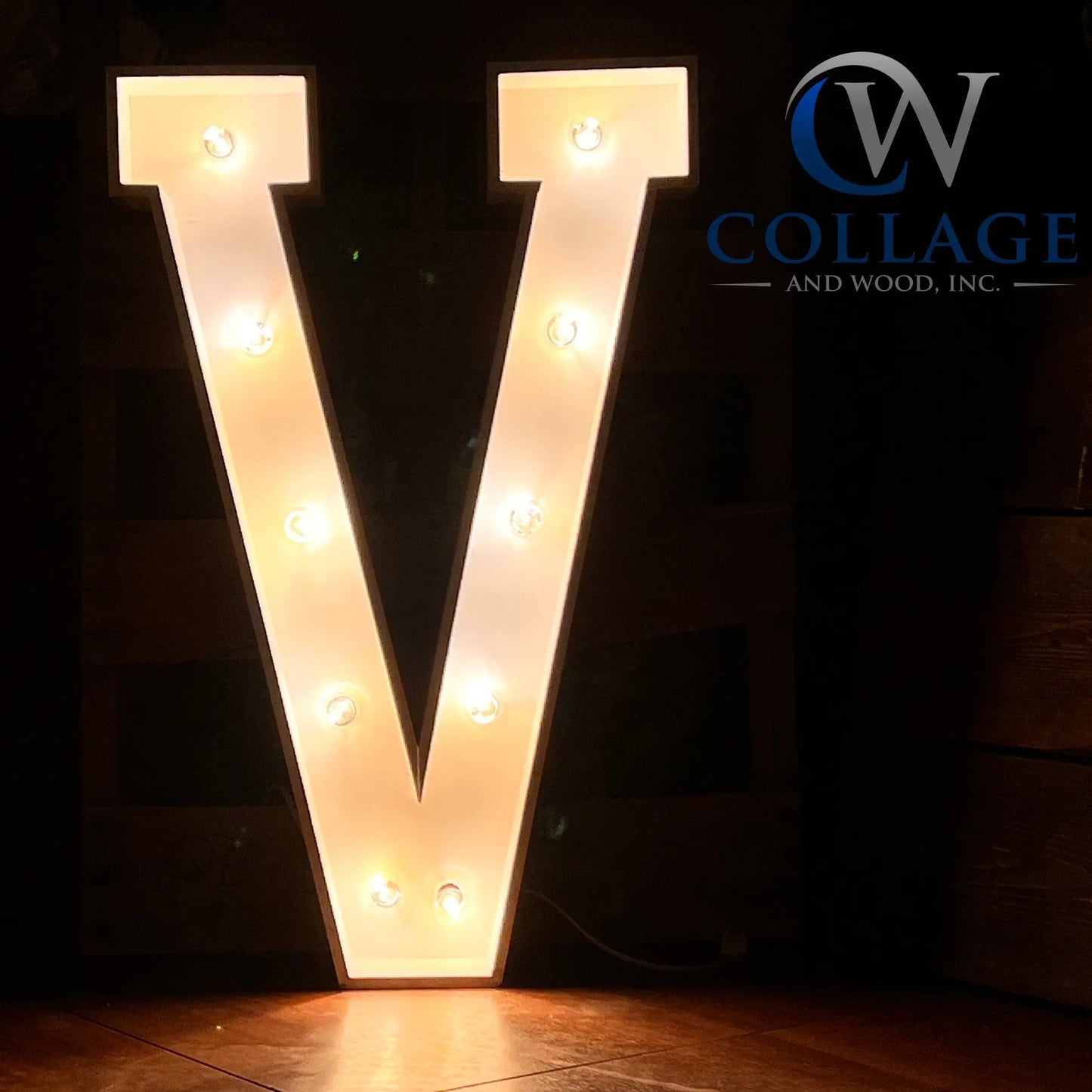 V - Vibrant wooden marquee letter V, measuring an impressive 3 feet tall, in a classy white finish, lit by radiant LED lights.