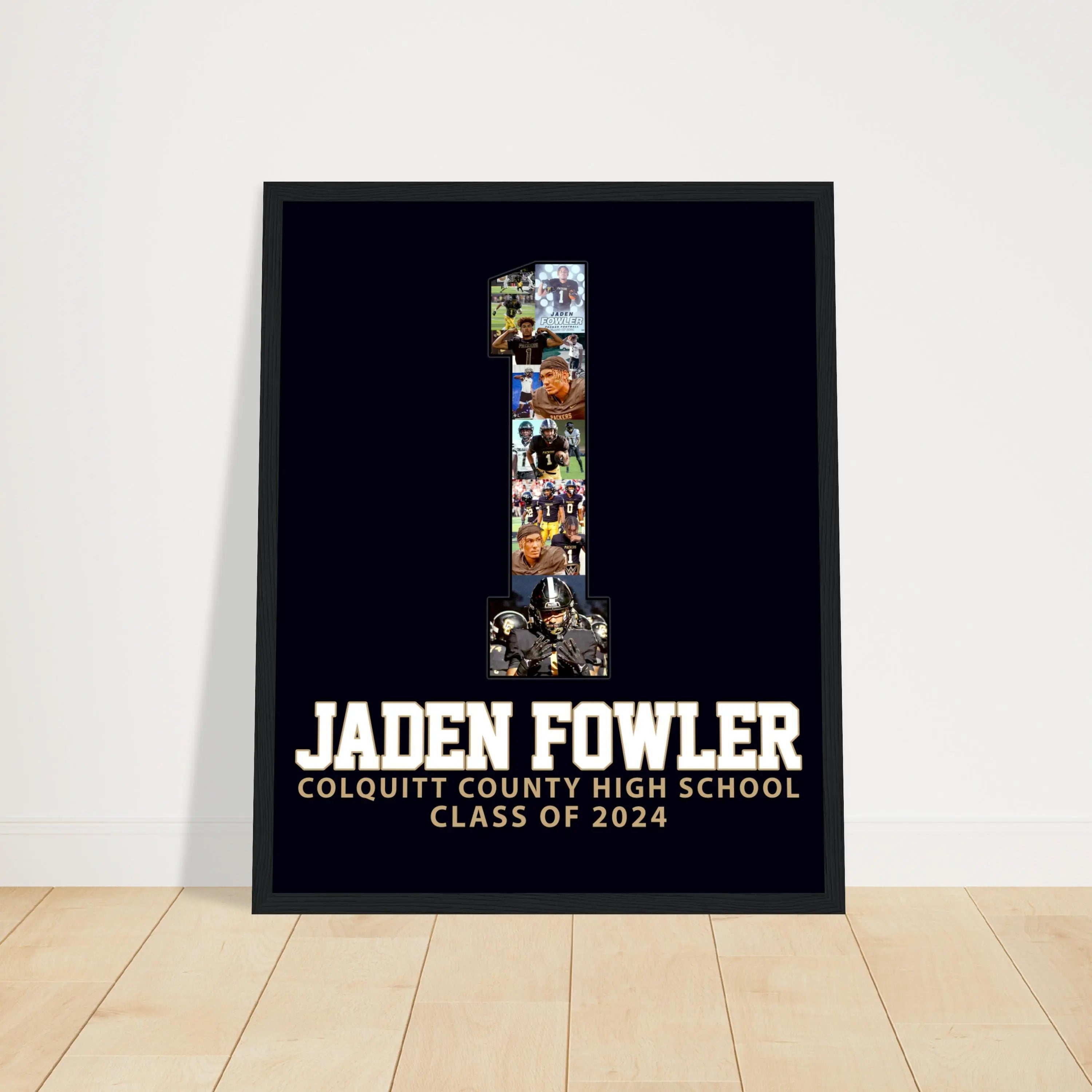 Football senior night poster for jersey 1, black background, white and gold lettering, class of 2024.