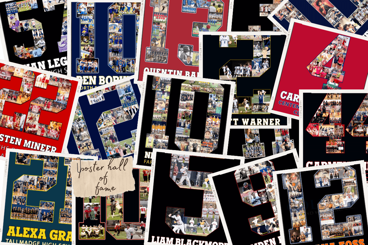 A collage of senior athlete posters featuring custom number designs for football, basketball, and other sports, showcasing player memories and team achievements. Poster Hall of Fame collection by Collage and Wood.