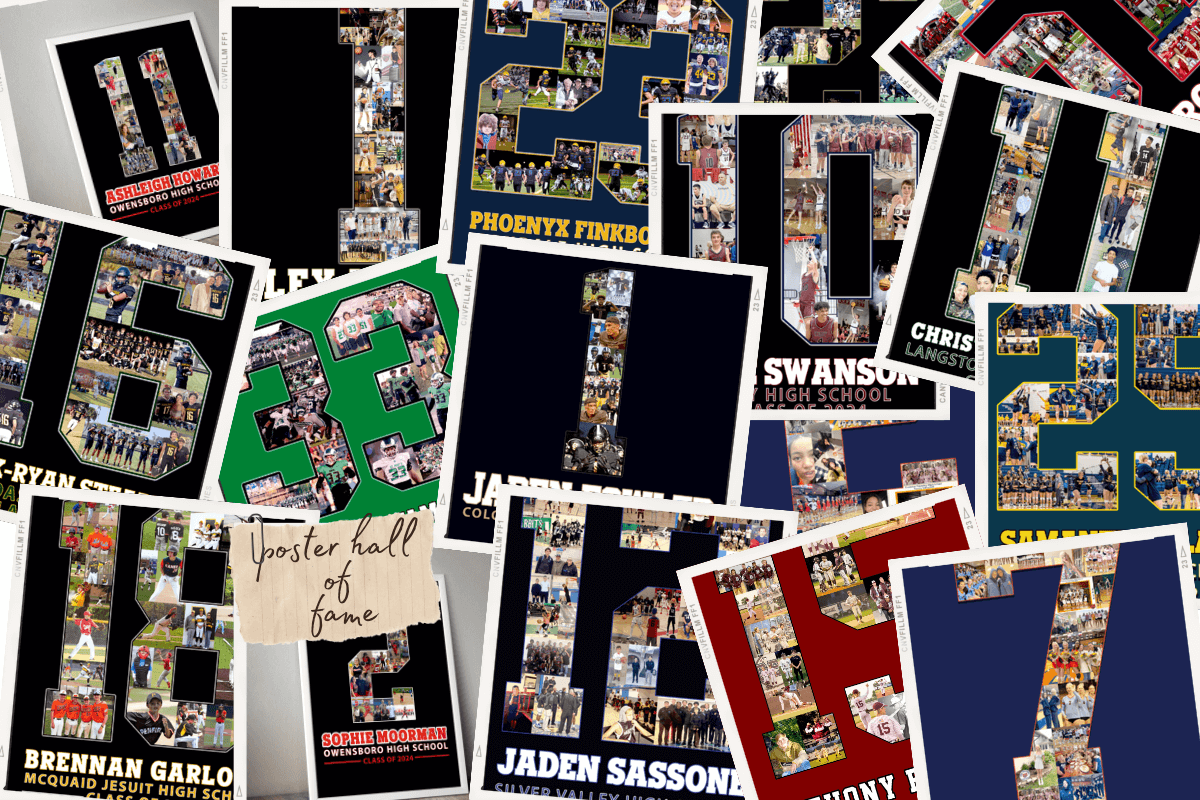 CollageandWood.com "poster hall of fame":  a group of poster examples from CollageandWood.com previous senior night poster projects.