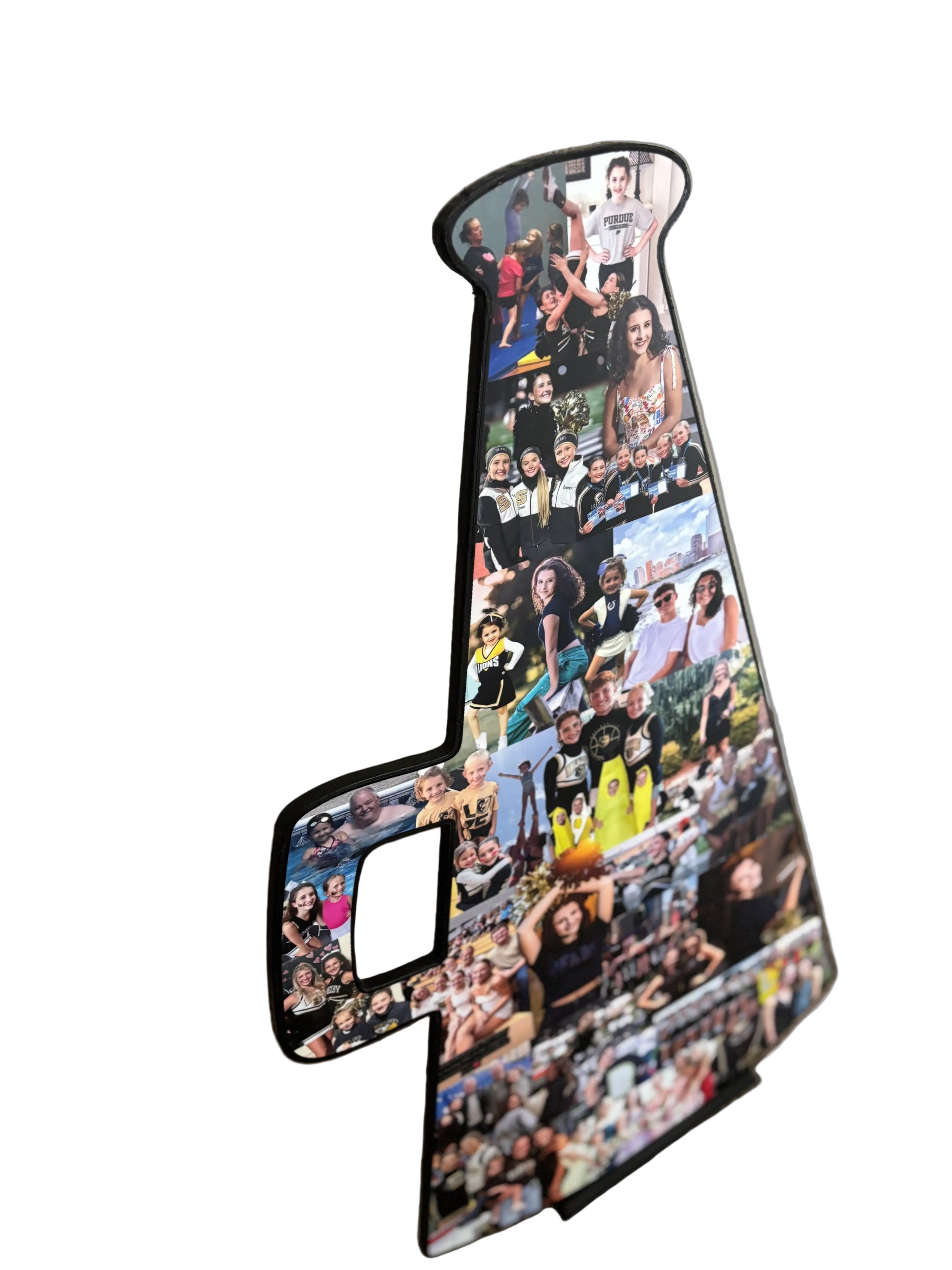 Side angle of personalized cheerleading senior night gift — megaphone collage filled with cheer team and high school memories from collageandwood.com