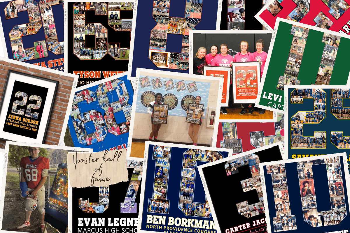 Best sports poster designs for senior athletes, including custom jersey number collages for football, basketball, and multi-sport players. Unique personalized keepsakes for senior night.