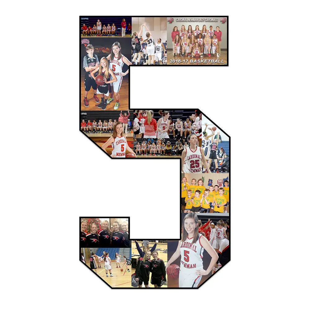 18-inch personalized number collage featuring the number 5, filled with basketball photos of a female athlete in action, team photos, championship moments, and family celebrations. Custom sports keepsake by Collage and Wood.