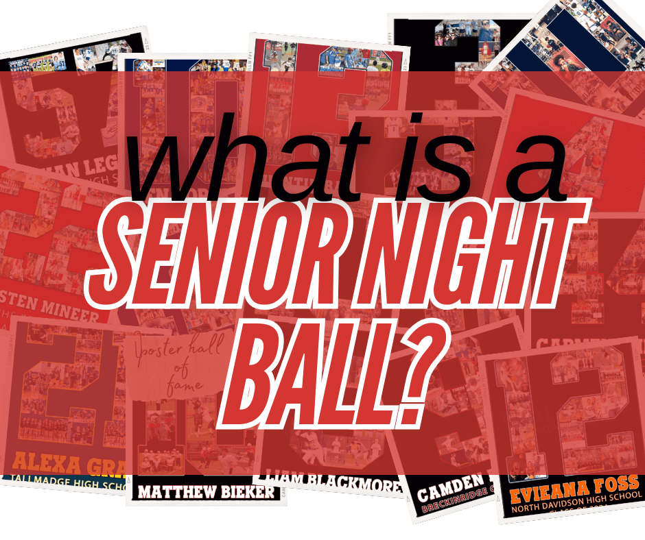 A collage of vibrant red and white posters featuring numbers, names, and photos of athletes celebrating Senior Night. Overlaid text in bold black and white fonts reads 'What is a Senior Night Ball?' with a striking red backdrop.