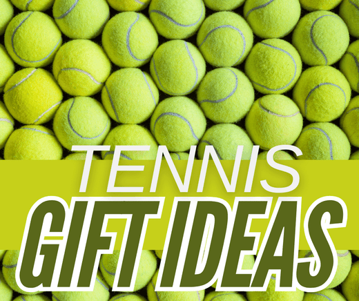 A grid of bright yellow tennis balls forming a seamless background. Bold text overlay reads 'Tennis Gift Ideas' in white and green, with a modern sporty style.