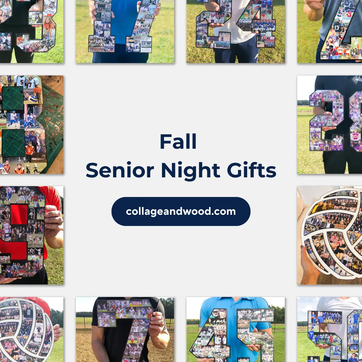 A fall-themed senior night gift display featuring a large custom photo collage shaped like the number '2' and '5', symbolizing the graduating Class of 2025. The collages include individual photos of the athlete throughout the years, arranged artfully.