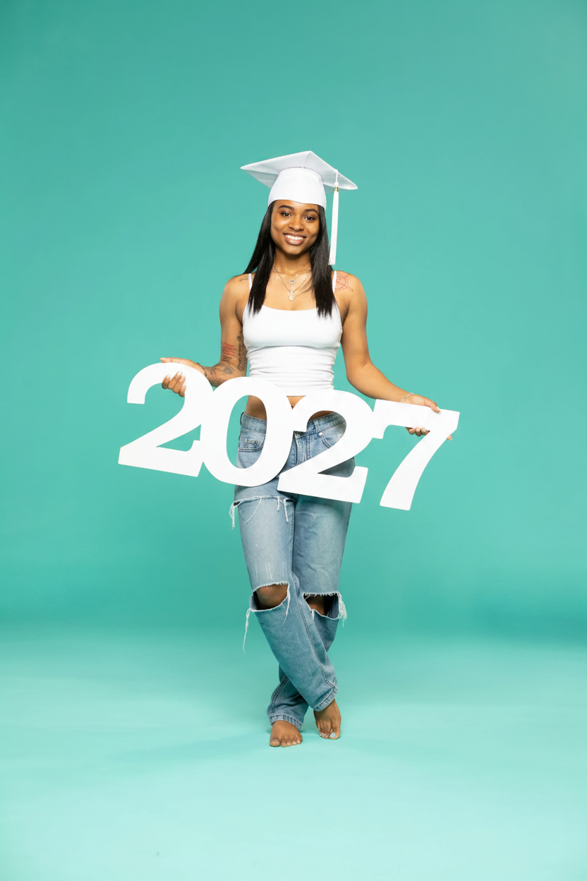model holding a 2025 photo prop