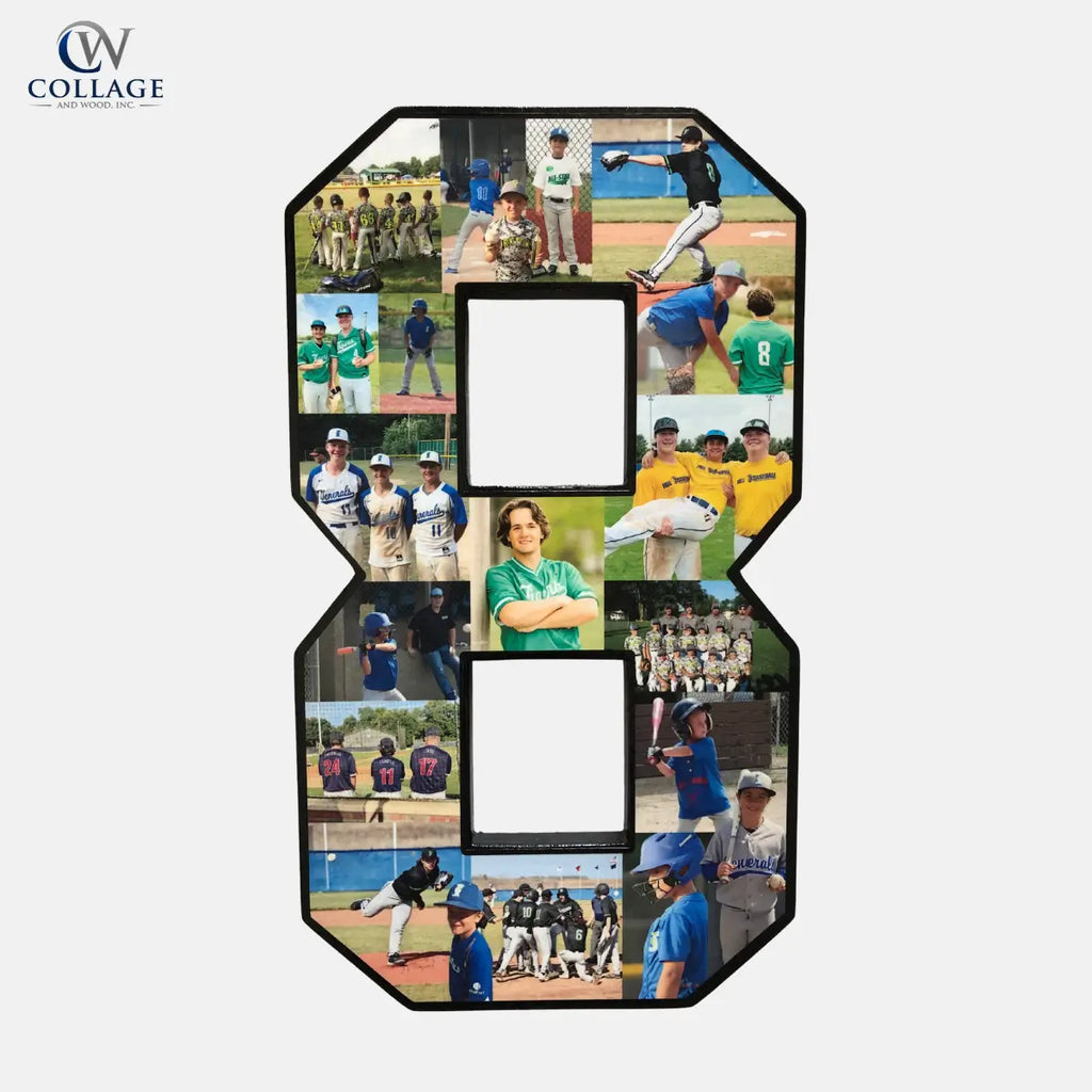 Number 8 photo collage featuring youth baseball images, including team photos, game action, and players in uniform. Custom sports collage by collageandwood.com.