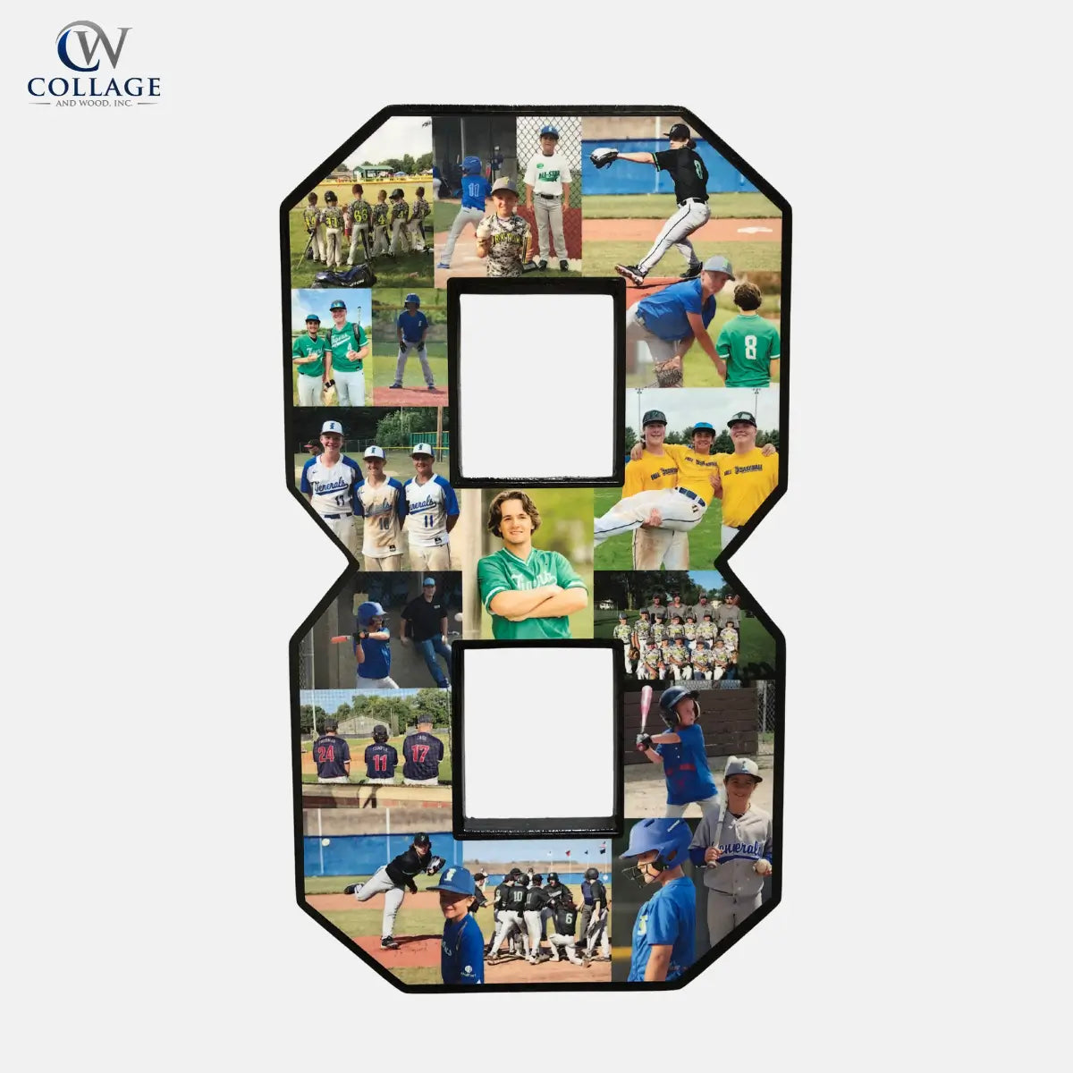 Number 8 photo collage featuring youth baseball images, including team photos, game action, and players in uniform. Custom sports collage by collageandwood.com.