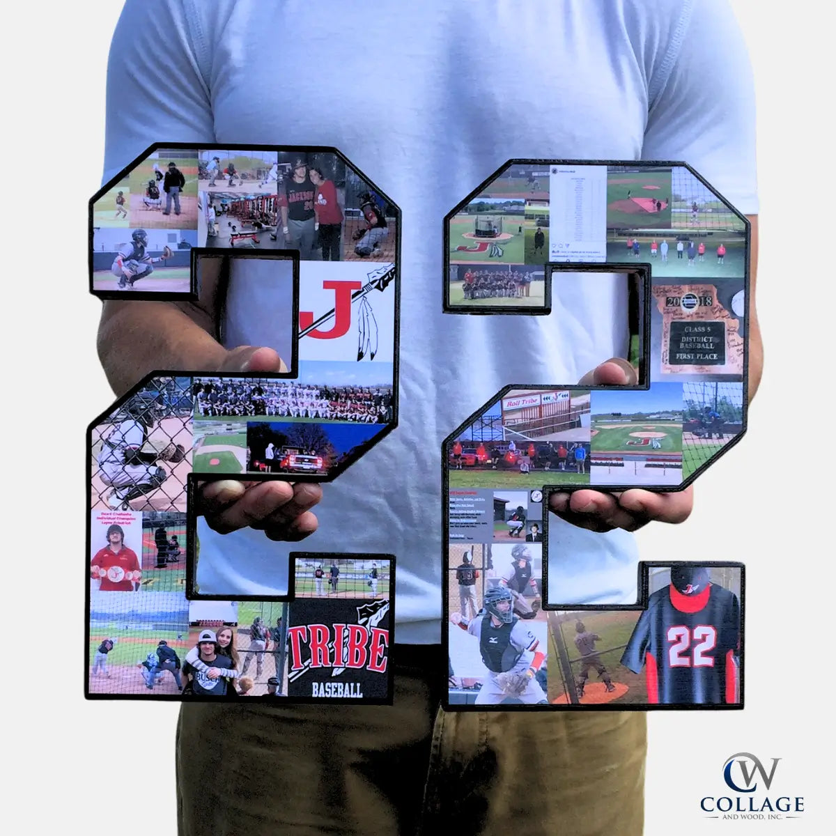 Number 22 photo collage held by Jon Waddell, filled with baseball-themed images like jerseys, fields, and team shots. Personalized sports collage by collageandwood.com.