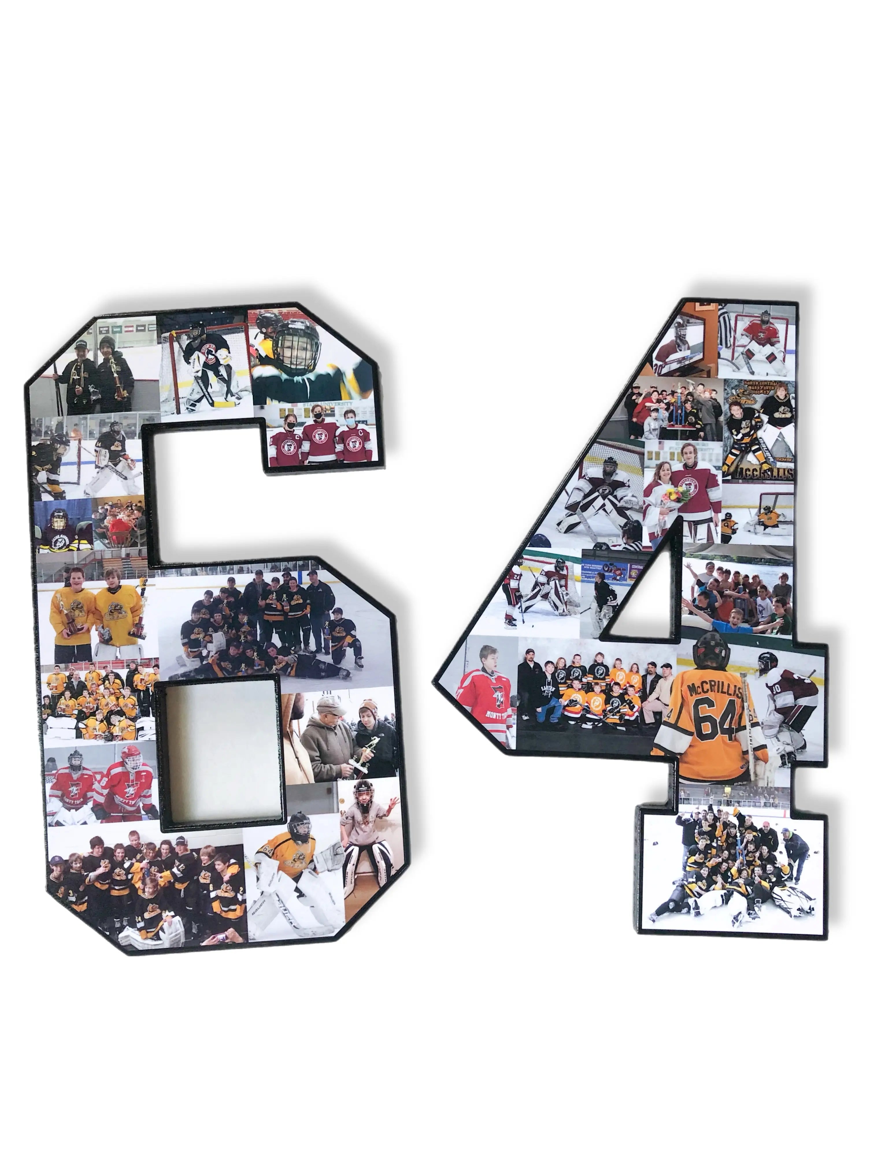 Custom hockey number collage shaped as "64", filled with vibrant action shots and team photos, perfect for commemorating a player's journey. Find at CollageandWood.com.