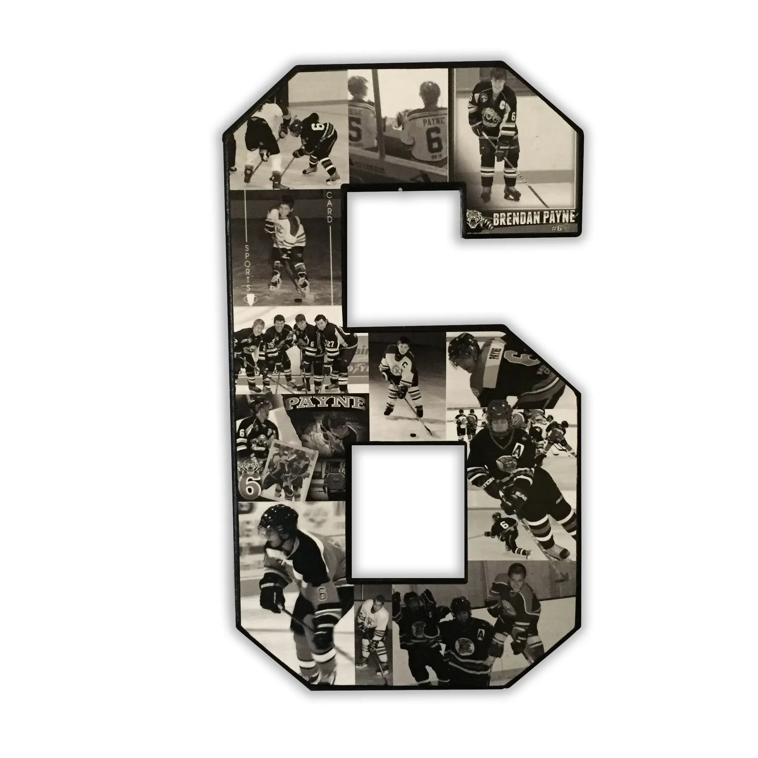Personalized hockey jersey number photo gift featuring black and white photos arranged inside the number "6", ideal for a senior night or player tribute. Found on collageandwood.com.