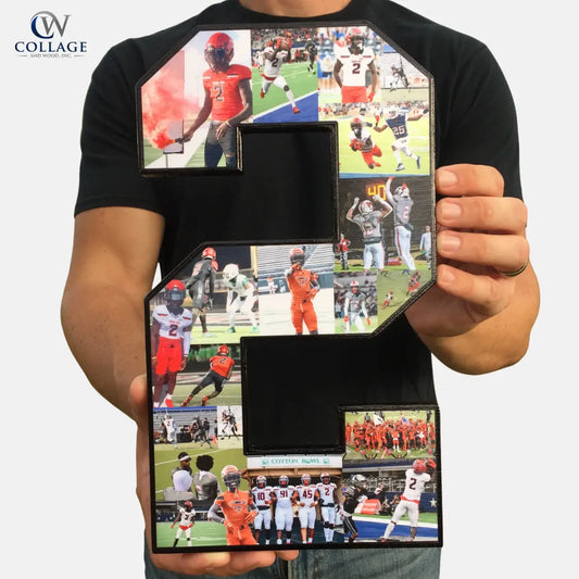Jon Waddell of collageandwood.com holding a collage of football player images on a number 2 design.