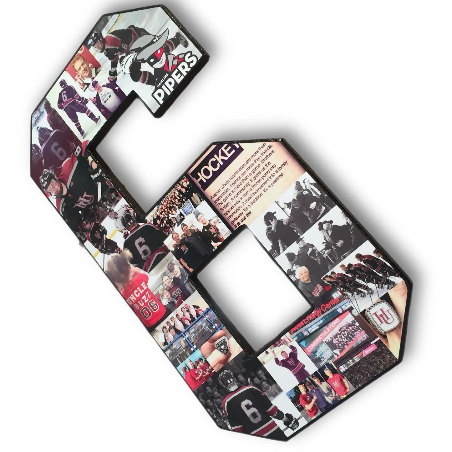 Personalized hockey collage in the shape of the number "6", showcasing full-color team moments and memorabilia like logos and ticket stubs. From collageandwood.com.