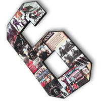 Personalized hockey collage in the shape of the number "6", showcasing full-color team moments and memorabilia like logos and ticket stubs. From collageandwood.com.