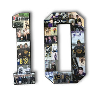 Hockey number wall art shaped as "10", filled with player and fan moments, making a bold decorative tribute for a sports room. Available on collageandwood.com.