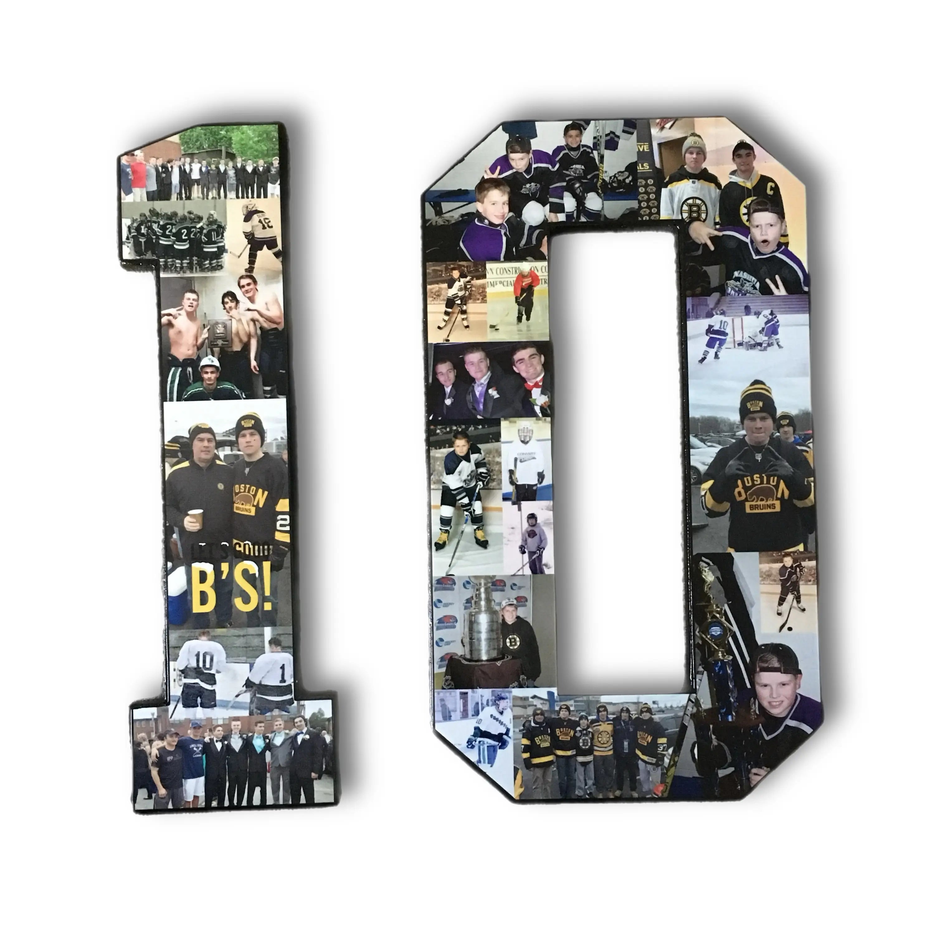 Hockey number wall art shaped as "10", filled with player and fan moments, making a bold decorative tribute for a sports room. Available on collageandwood.com.