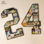 Soccer collage of a number '24' made from customer photos photo frames on a wall. Designed by CollageandWood.com.