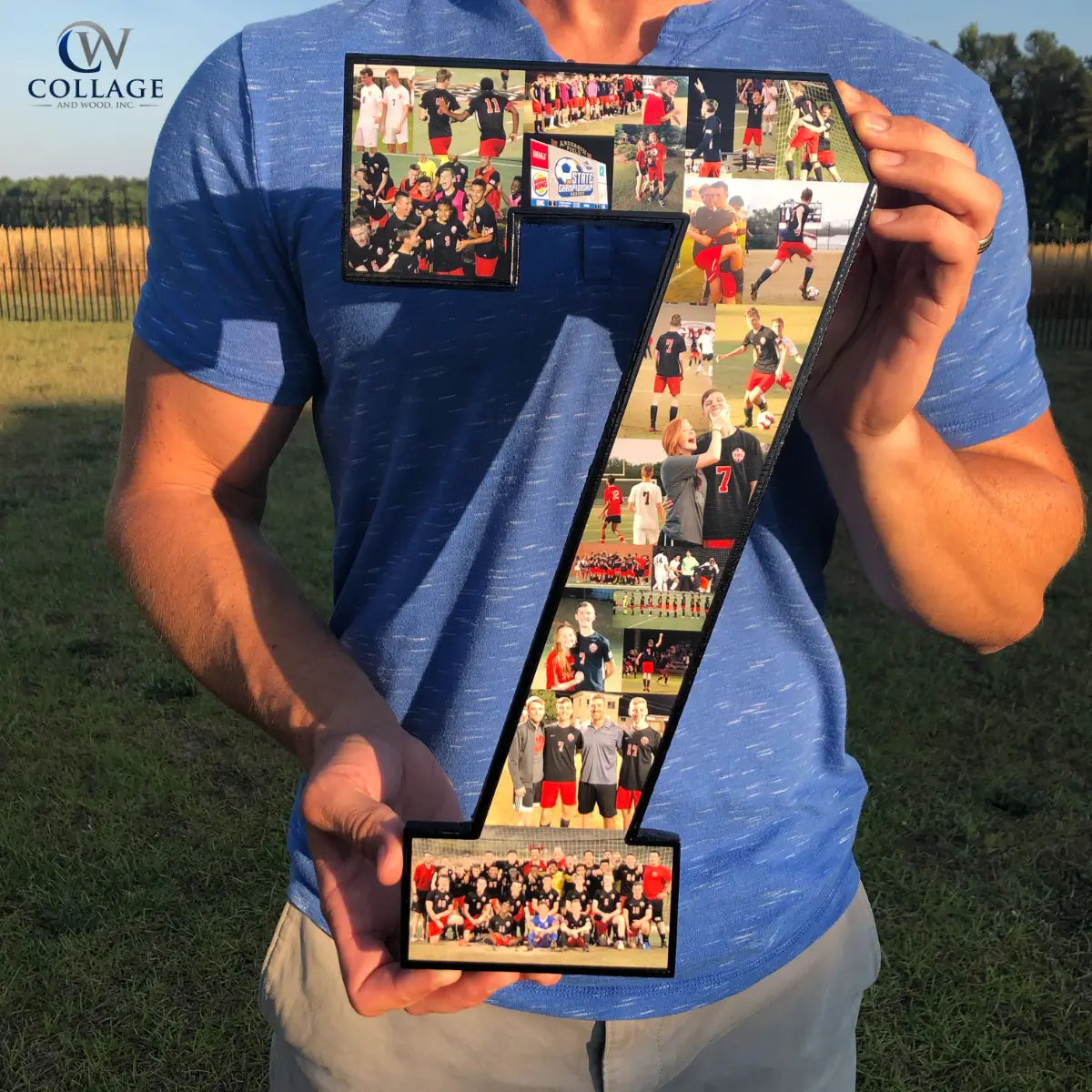 Jon Waddell holding a collage of sports team photos shaped like the number 7 on a grassy field. Designed by CollageandWood.com.