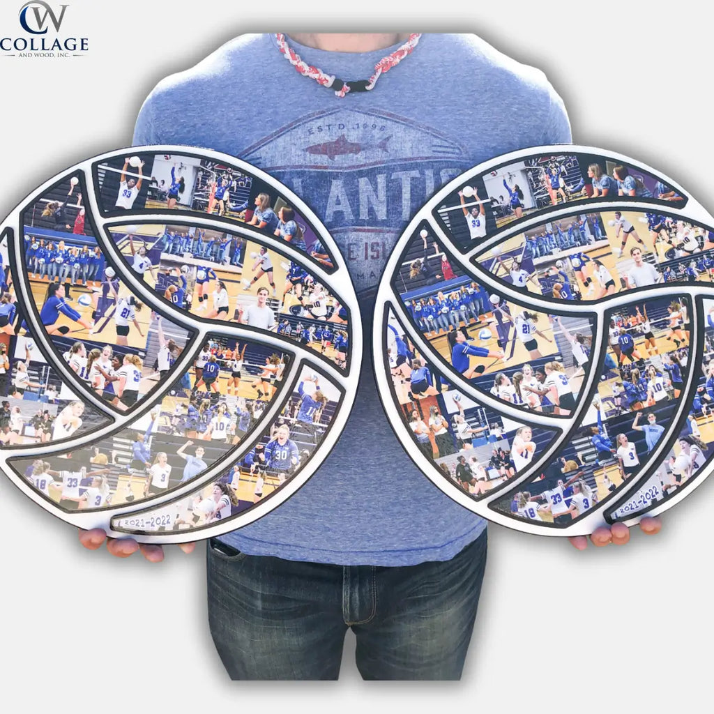 Person holding two large circular photo collages in the shape of volleyballs from CollageandWood.com