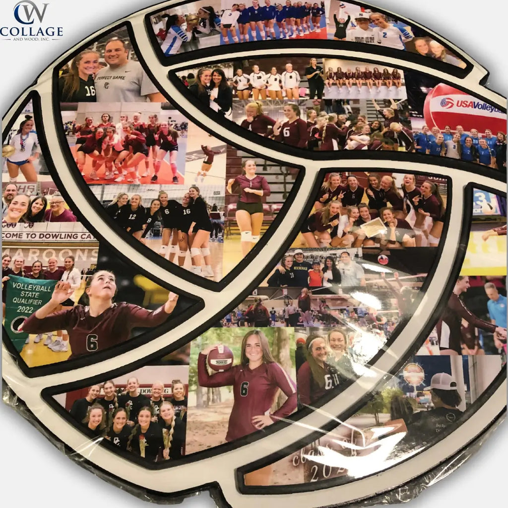 Collage of volleyball photos arranged in a circular pattern on a wooden volleyball. Created by Collageandwood.com.