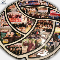 Collage of volleyball photos arranged in a circular pattern on a wooden volleyball. Created by Collageandwood.com.