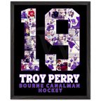 Framed hockey-themed collage with number 19 and 'Troy Perry' text on a black background