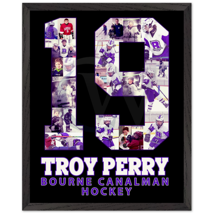 Framed hockey-themed collage with number 19 and 'Troy Perry' text on a black background