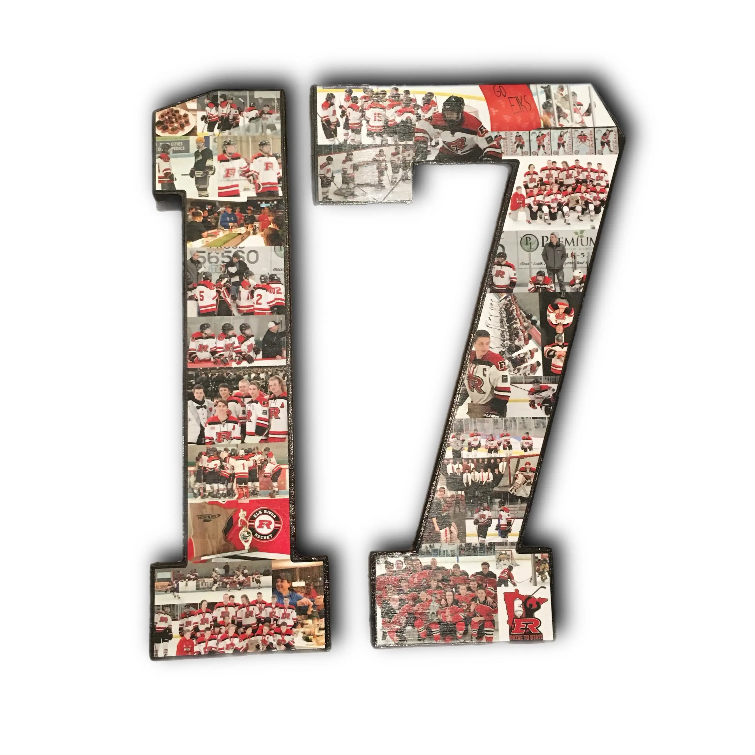 Hockey player collage gift shaped as number "17", featuring full team photos, celebration shots, and game action, great for end-of-season memories. From collageandwood.com.