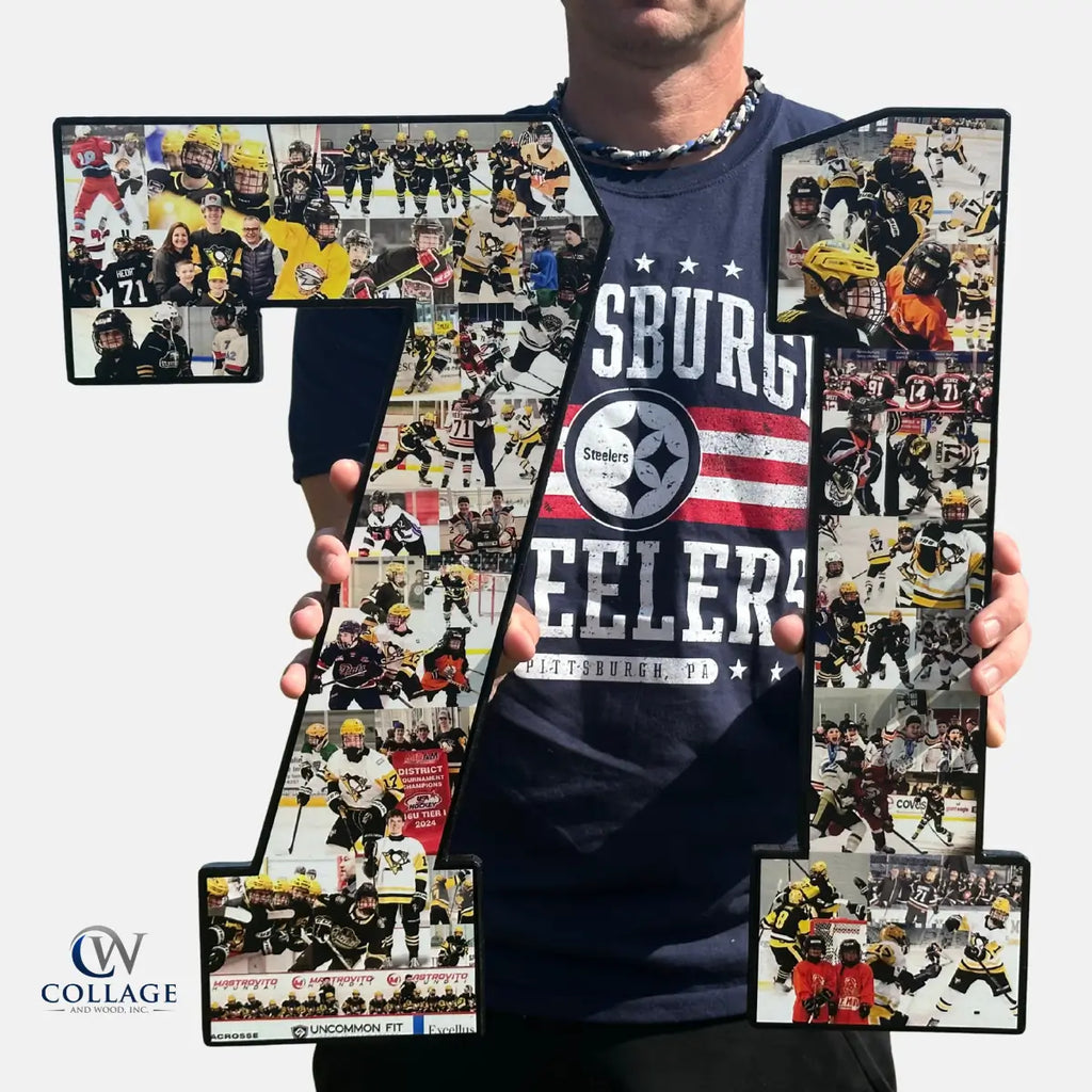 Jon Waddell of collageandwood.com holding a large number '71' collage with hockey-themed images.