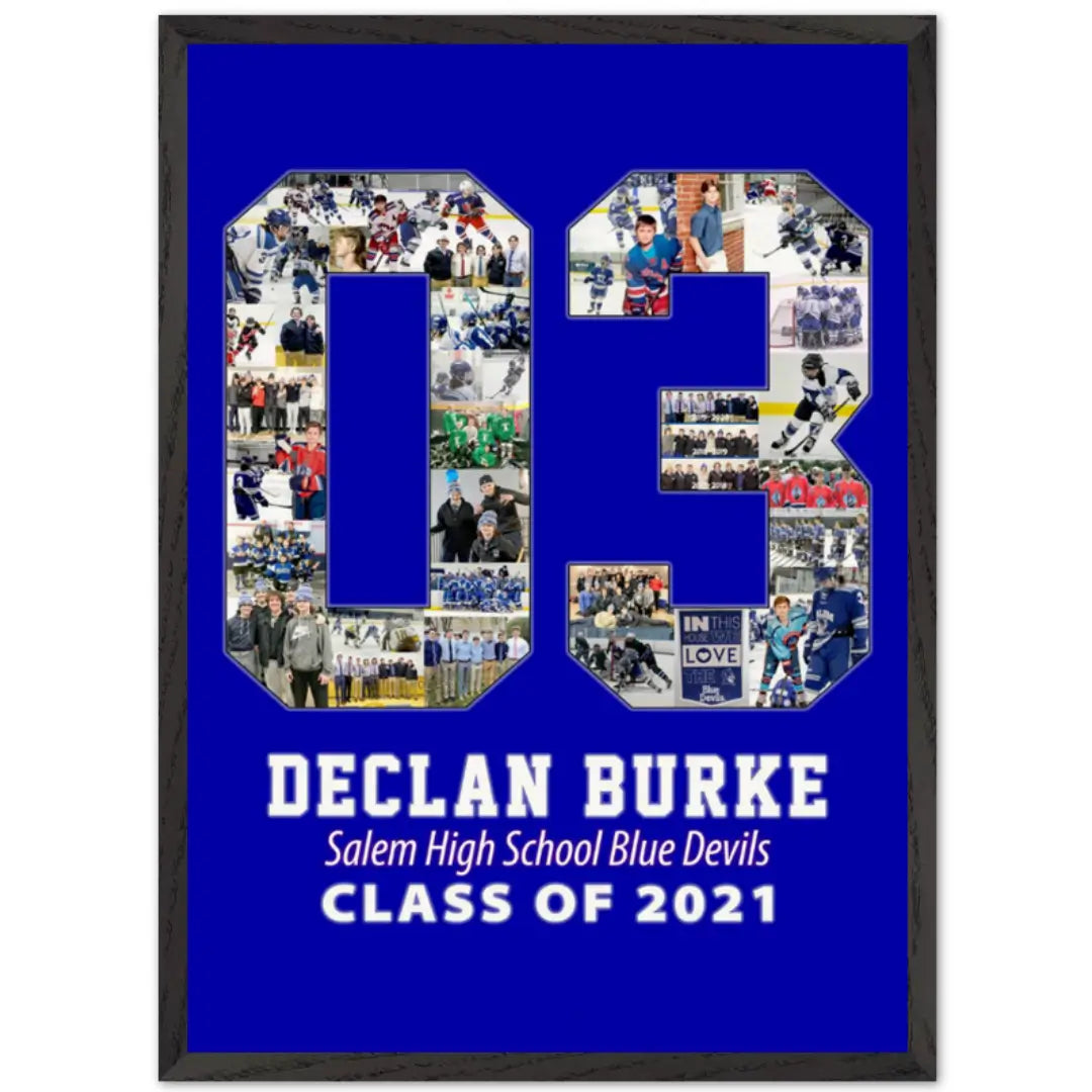 Framed collage with number 03 and personalized text on a blue background