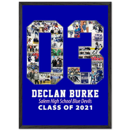 Framed collage with number 03 and personalized text on a blue background