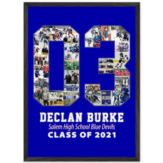 Framed collage with number 03 and personalized text on a blue background