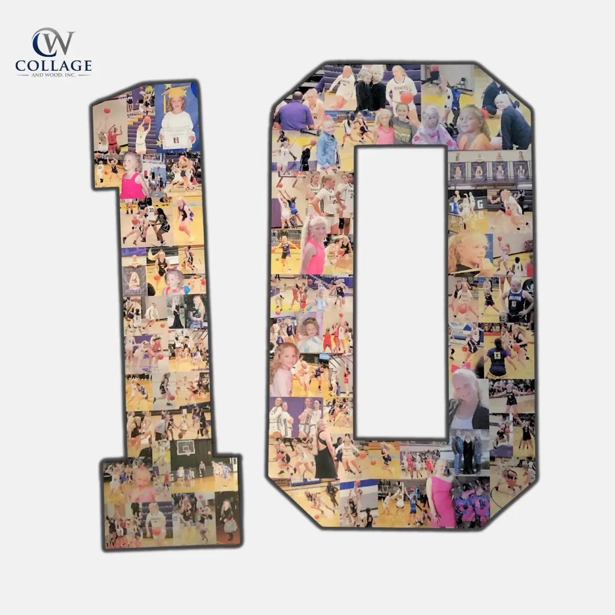 24-inch personalized number collage featuring the number 10, filled with basketball photos of a female athlete in action, team photos, championship moments, and family celebrations. Custom sports keepsake by Collage and Wood.