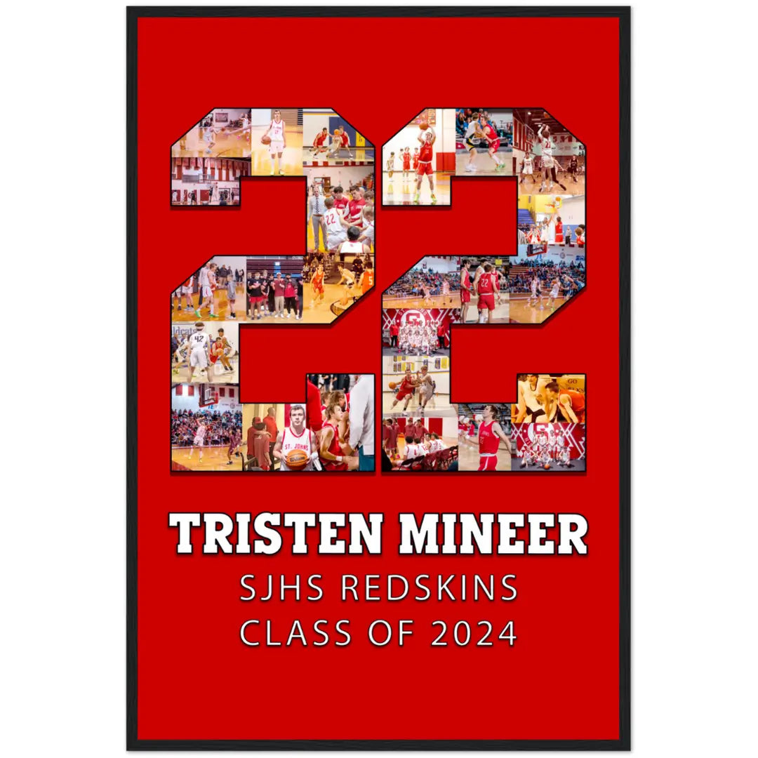 Collage of sports photos in the shape of the number 22 on a red background with text.