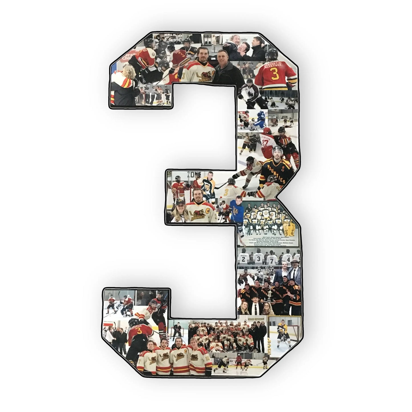 Custom sports number frame shaped as a “3”, filled with hockey game-day photos, perfect as a sentimental keepsake or graduation gift. Available on collageandwood.com.