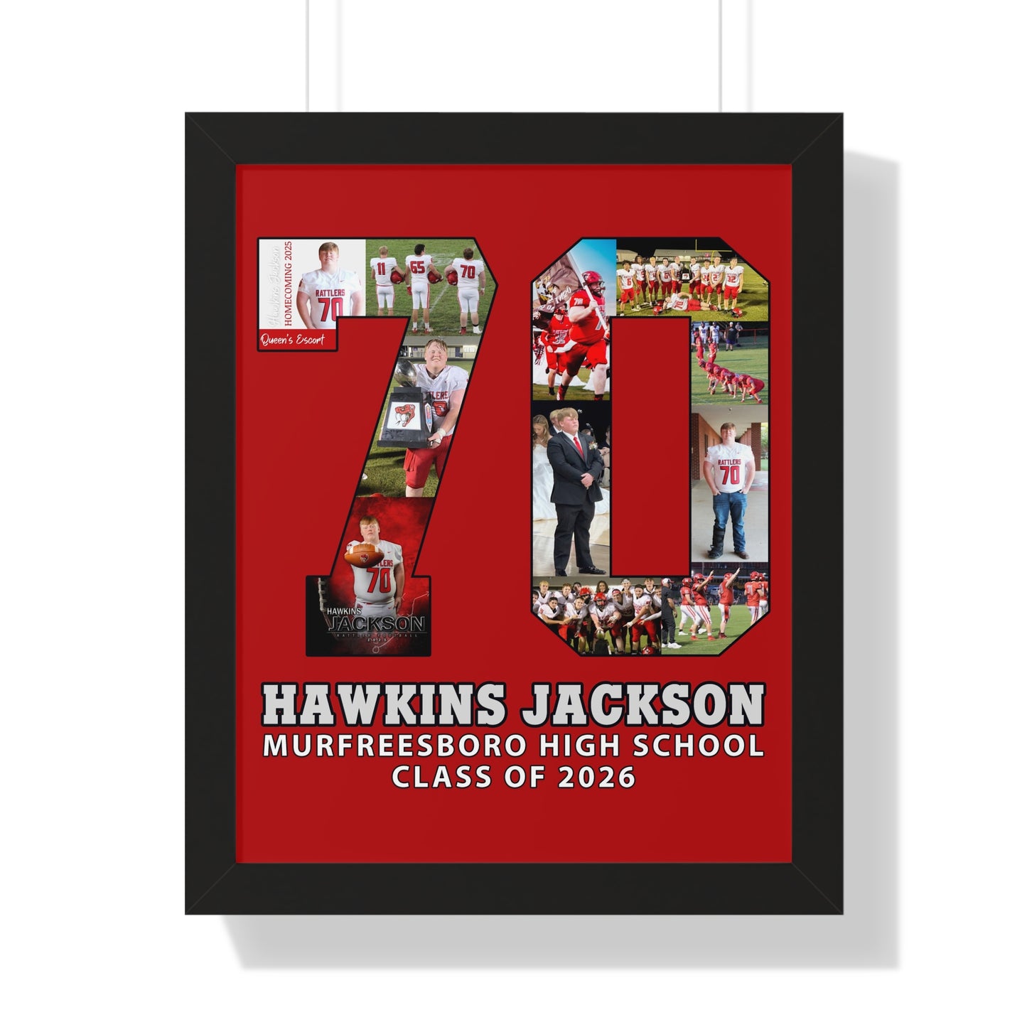 Framed collage with '70' design featuring photos and text on a red background