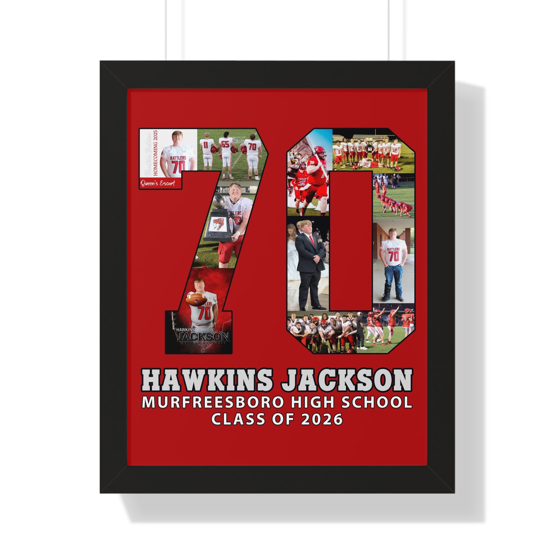 Framed collage with '70' design featuring photos and text on a red background