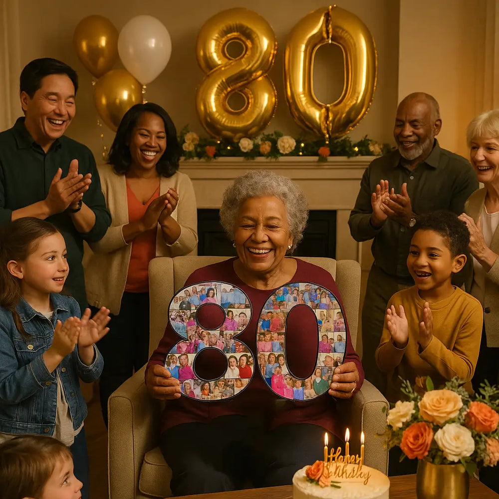 An elderly woman celebrating her 80th birthday smiles warmly while holding a large photo collage shaped like the number 80. Surrounded by multiple generations of family and friends clapping and smiling, the scene captures a heartfelt celebration of a loved one’s life. Gold '80' balloons and a decorated birthday cake with lit candles emphasize that this moment is more than party favors—it’s a cherished memory.