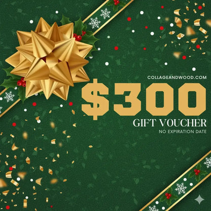 Collage and Wood Gift voucher for $300 with a gold bow on a green background