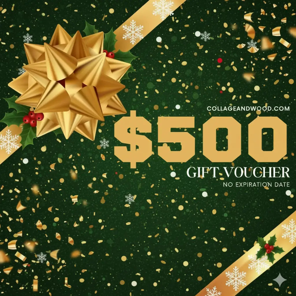 Collage and Wood Gift voucher for $500 with a gold bow on a green background