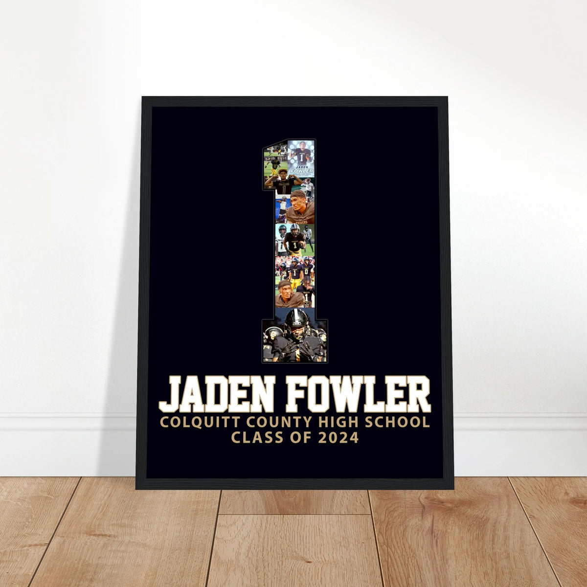 Football senior night poster for jersey 1, black background, white and gold lettering. Available at collageandwood.com.